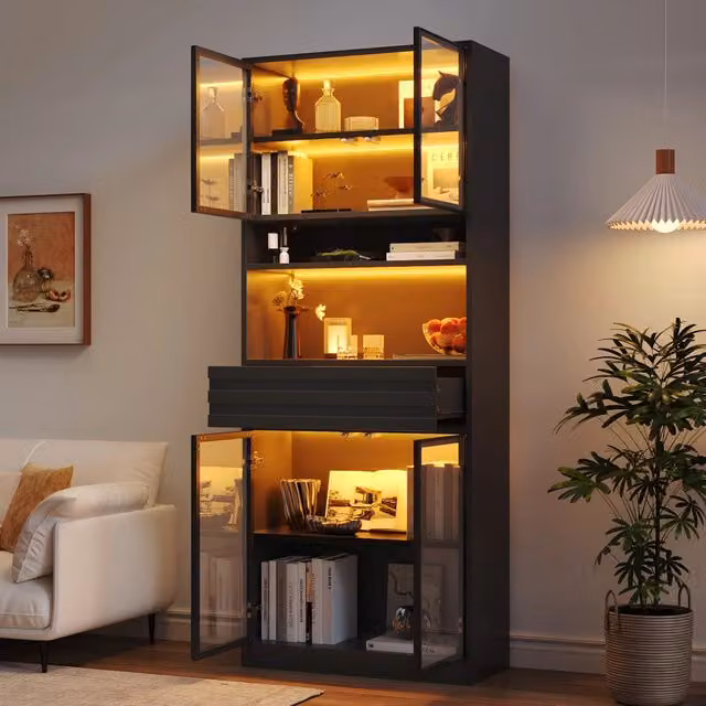 Vetrina alta con 4 ante in vetro; cassetto e LED RGB controllabile tramite app in MDF nero 80 × 35 × 200 cm
