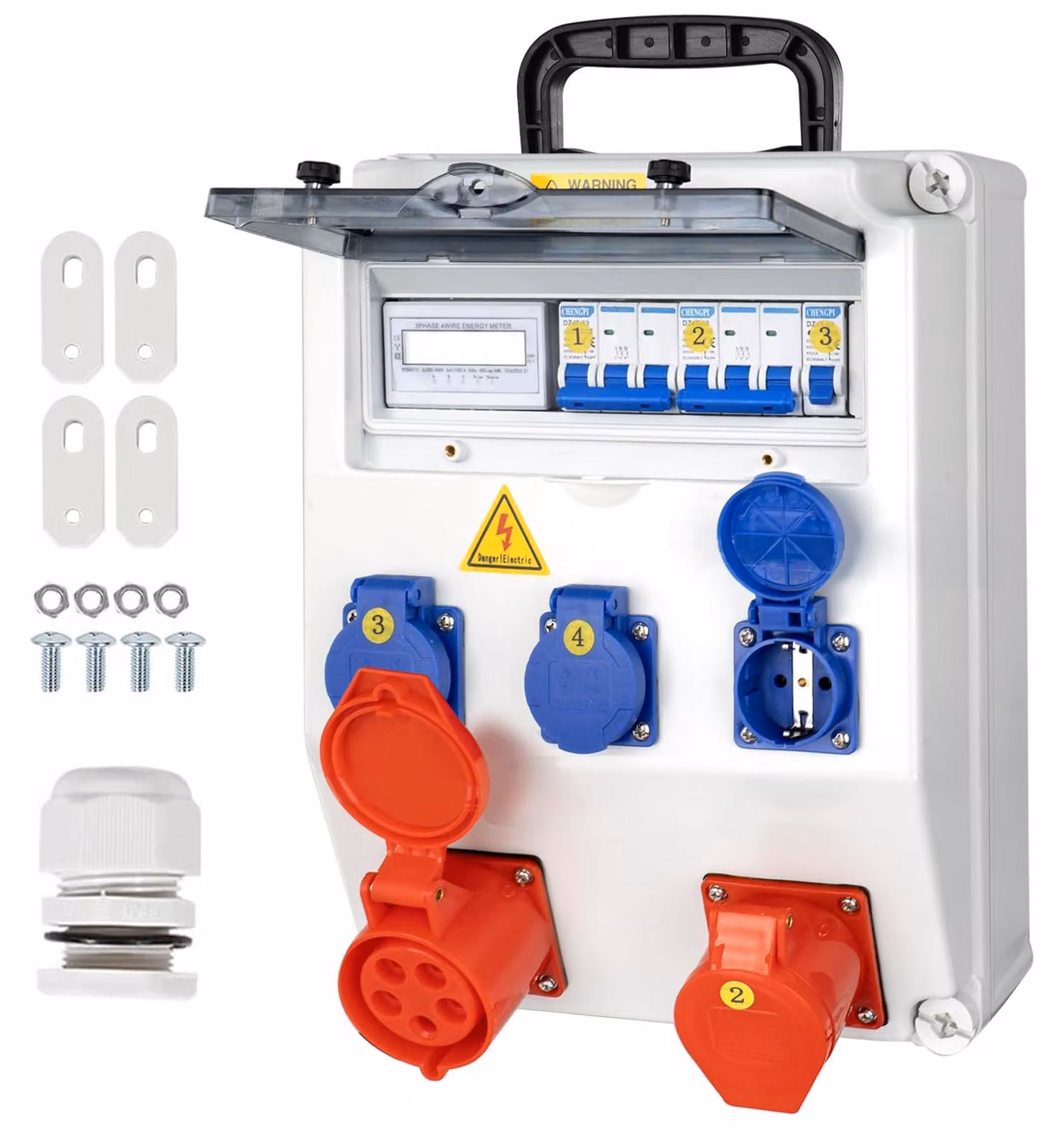 Distributore di corrente con contatore, grado di protezione IP65 (resistente all'acqua), 230V/16A e 400V/16A/32A