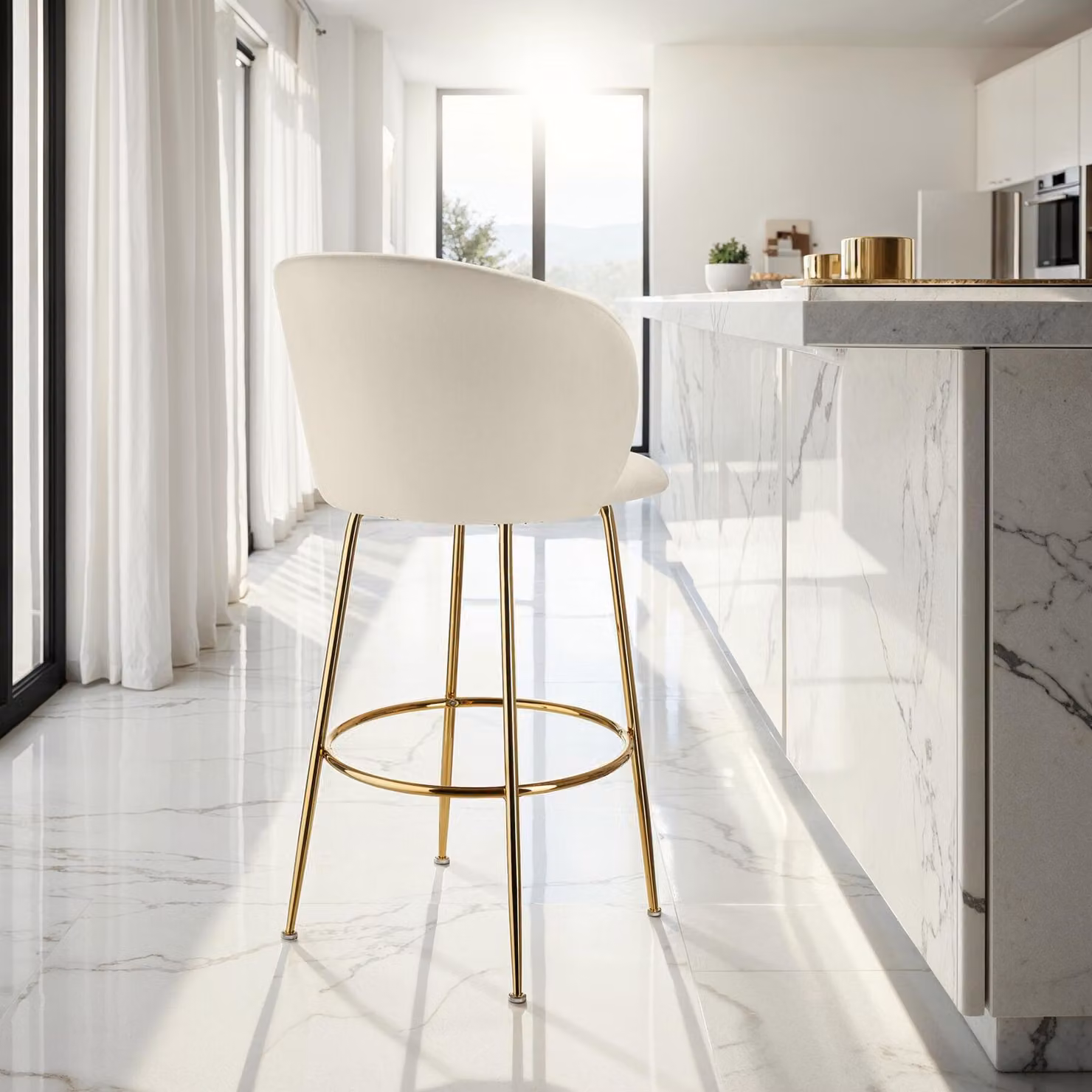 Set di 4 sgabelli Luana con schienale in velluto beige e oro TecTake GmbH per cucina e soggiorno – 3