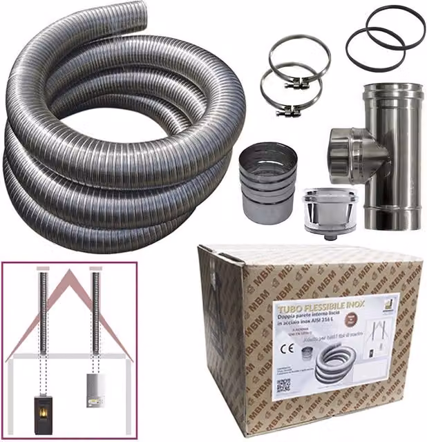 Kit tubo acciaio inox 316 flessibile 10 mt diametro 60 mm interno liscio a norma CE EN 1856 2 canna fumaria