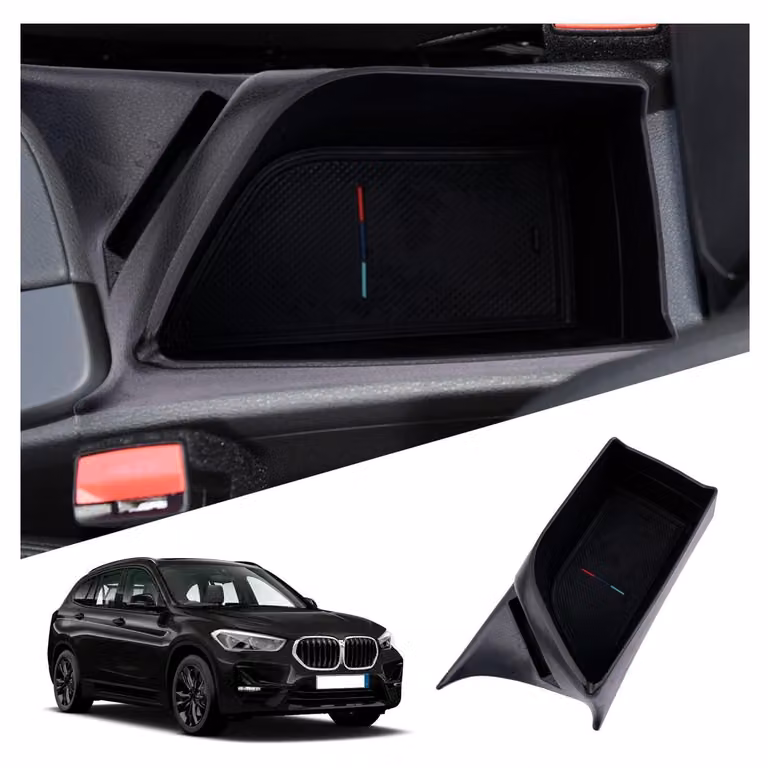 Contenitore portaoggetti per la console centrale, compatibile con BMW X1 F48 e X2 F39, dal 2016 al 2023, colore nero, materiale ABS