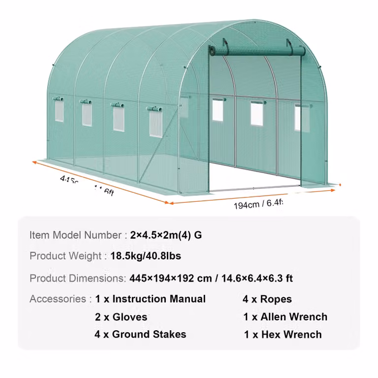 Serra a tunnel, design accessibile, copertura in polietilene impermeabile, dimensioni 4,5 x 2,1 x 2,1 metri, colore verde