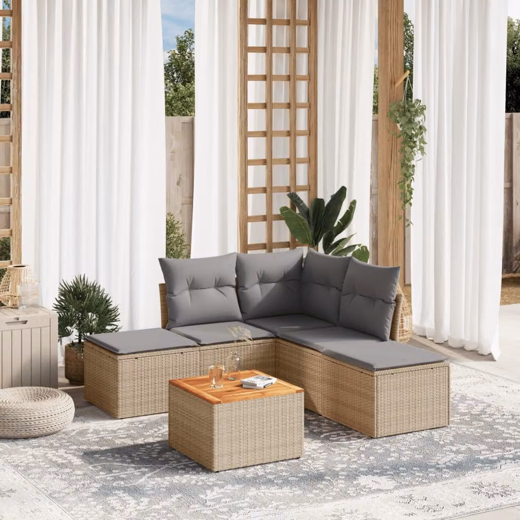 vidaXL Set Divano da Giardino 6 pz a L in Polyrattan con Cuscini Beige e Tavolino, Resistente ai Raggi UV – 1