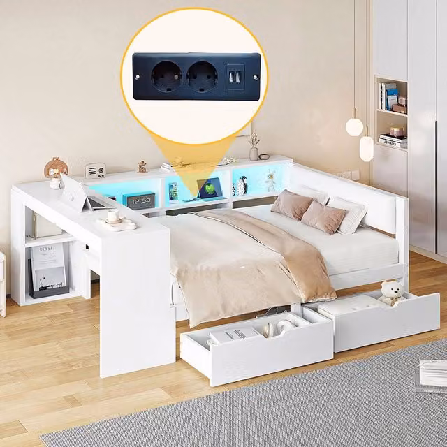Letto contenitore - Xylo - 140x200 cm LED legno bianco