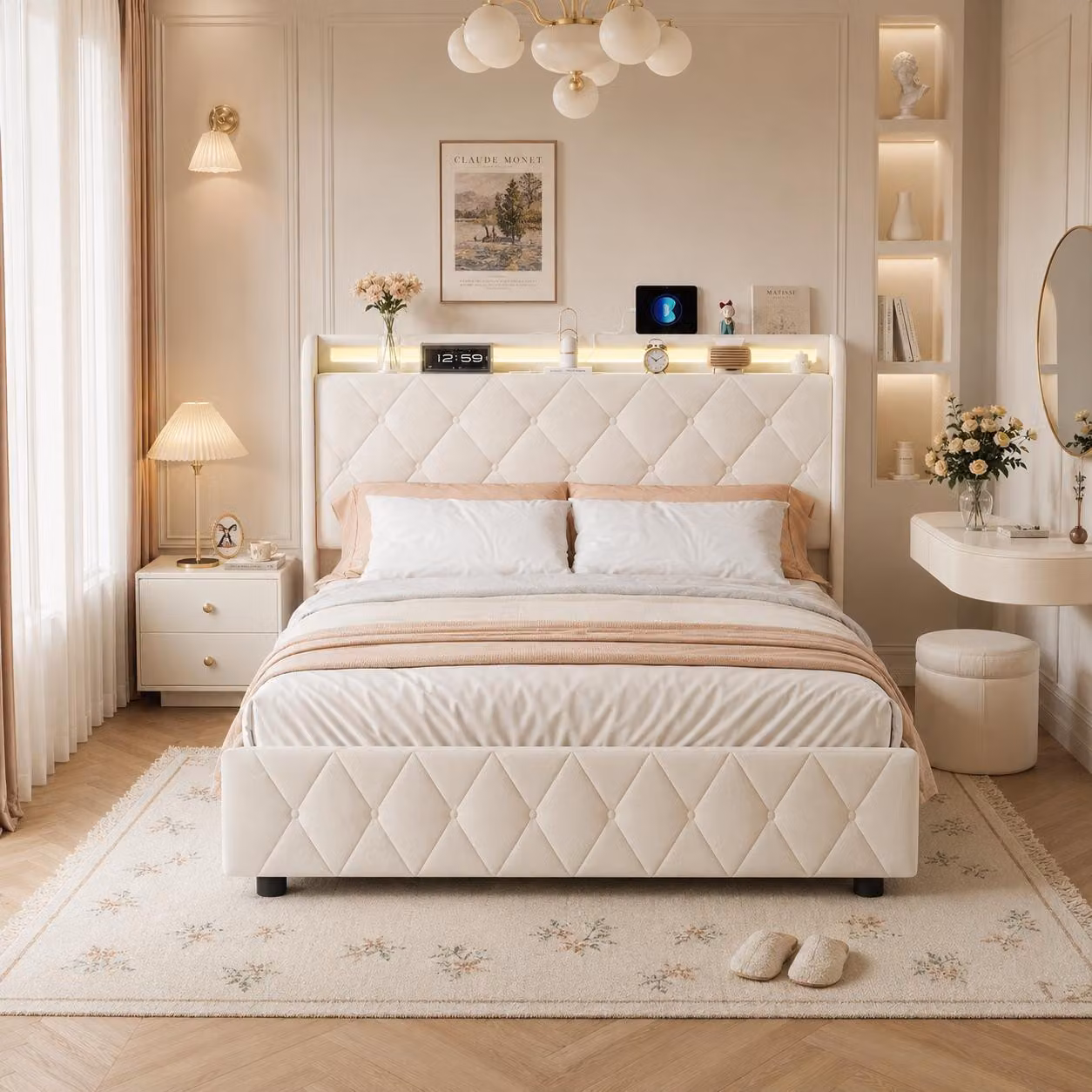 Letto imbottito INONEFT, 160x200 cm, con illuminazione LED e prese USB, letto matrimoniale con 4 cassetti, letto per ragazzi con spazio contenitivo nella testiera, tessuto in flanella, color beige