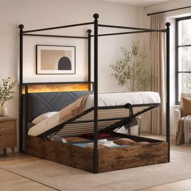 Letto matrimoniale 90x190 multifunzione in metallo nero con baldacchino; LED; USB e contenitore