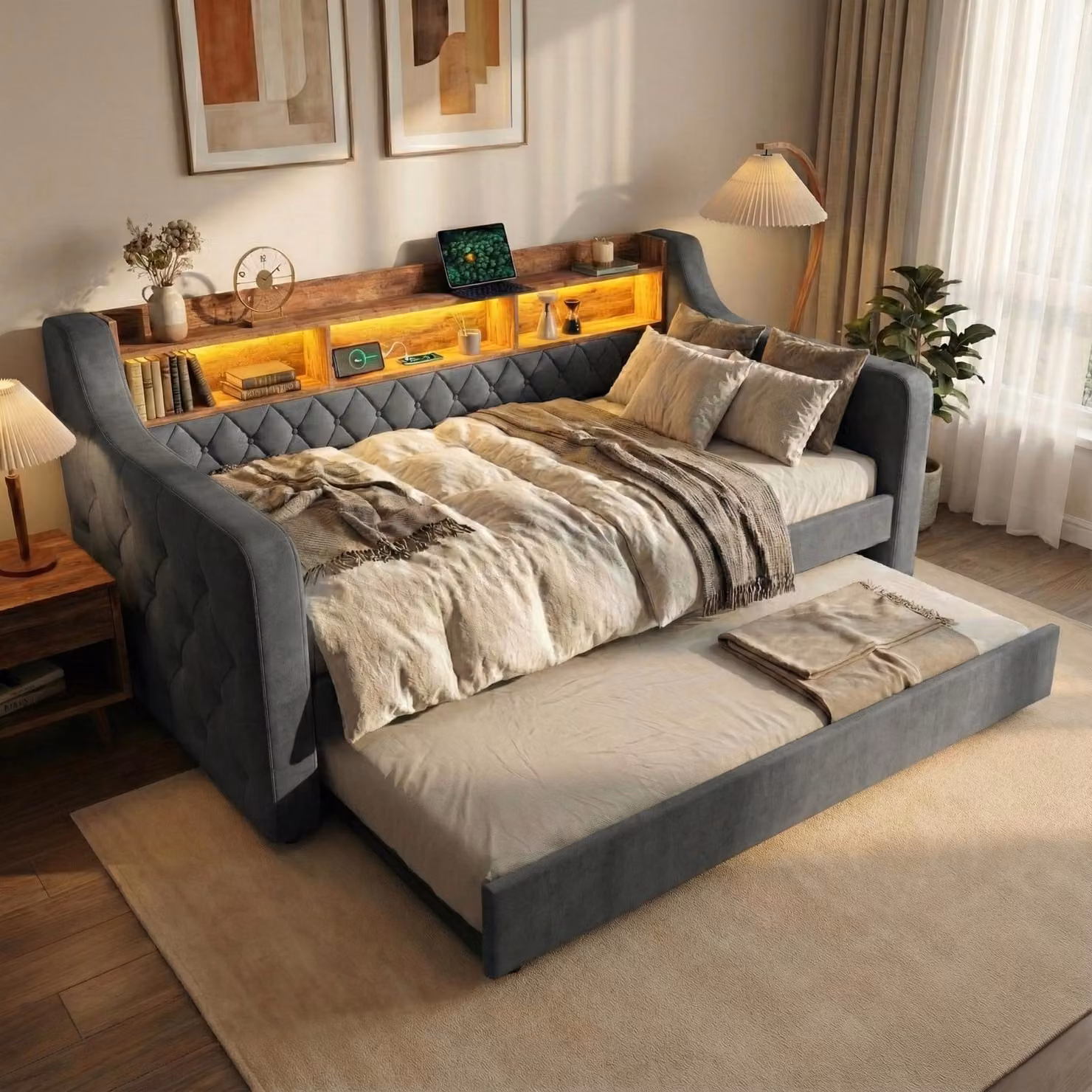 LVHOM Letto da giorno allungabile 90x190cm con contenitore, USB e LED, divano letto con letto estraibile, letto da giorno in velluto con rete a doghe, letto da giorno con cuciture a bottoni, grigio
