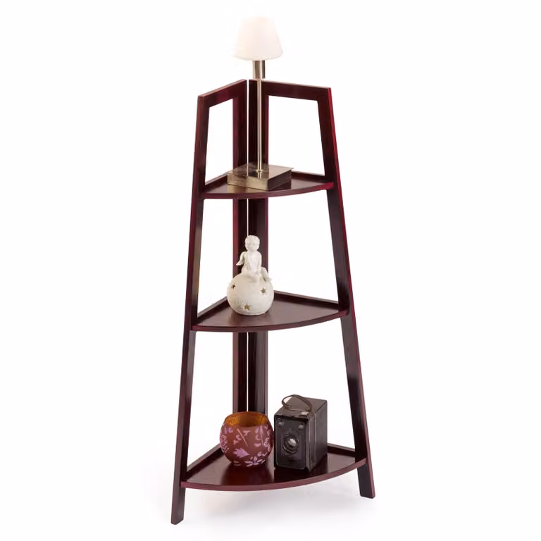 Scaffale angolare in legno con 3 ripiani; scaffale da bagno, scaffale da terra, scaffale da cucina; scaffale effetto mogano; ripiano da 80 cm; scaffale in legno