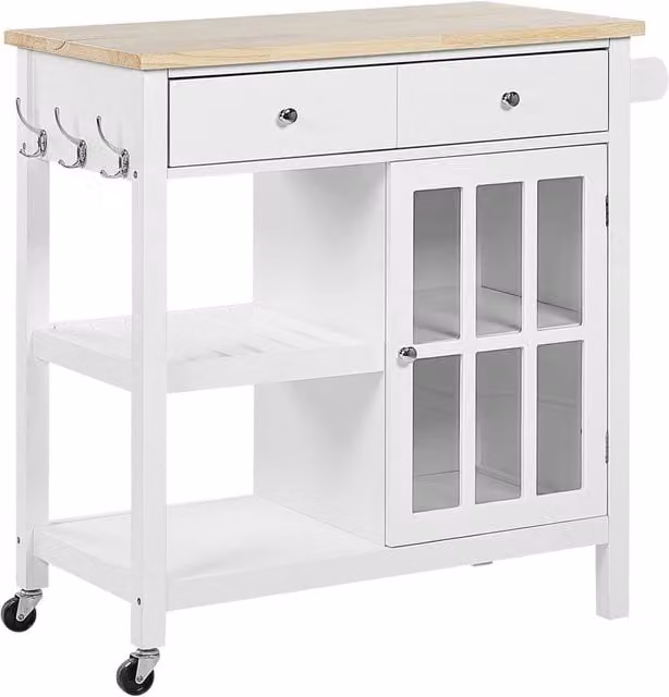 Carrello da cucina scandinavo BELIANI in MDF bianco con ripiano in legno di gomma e rotelle