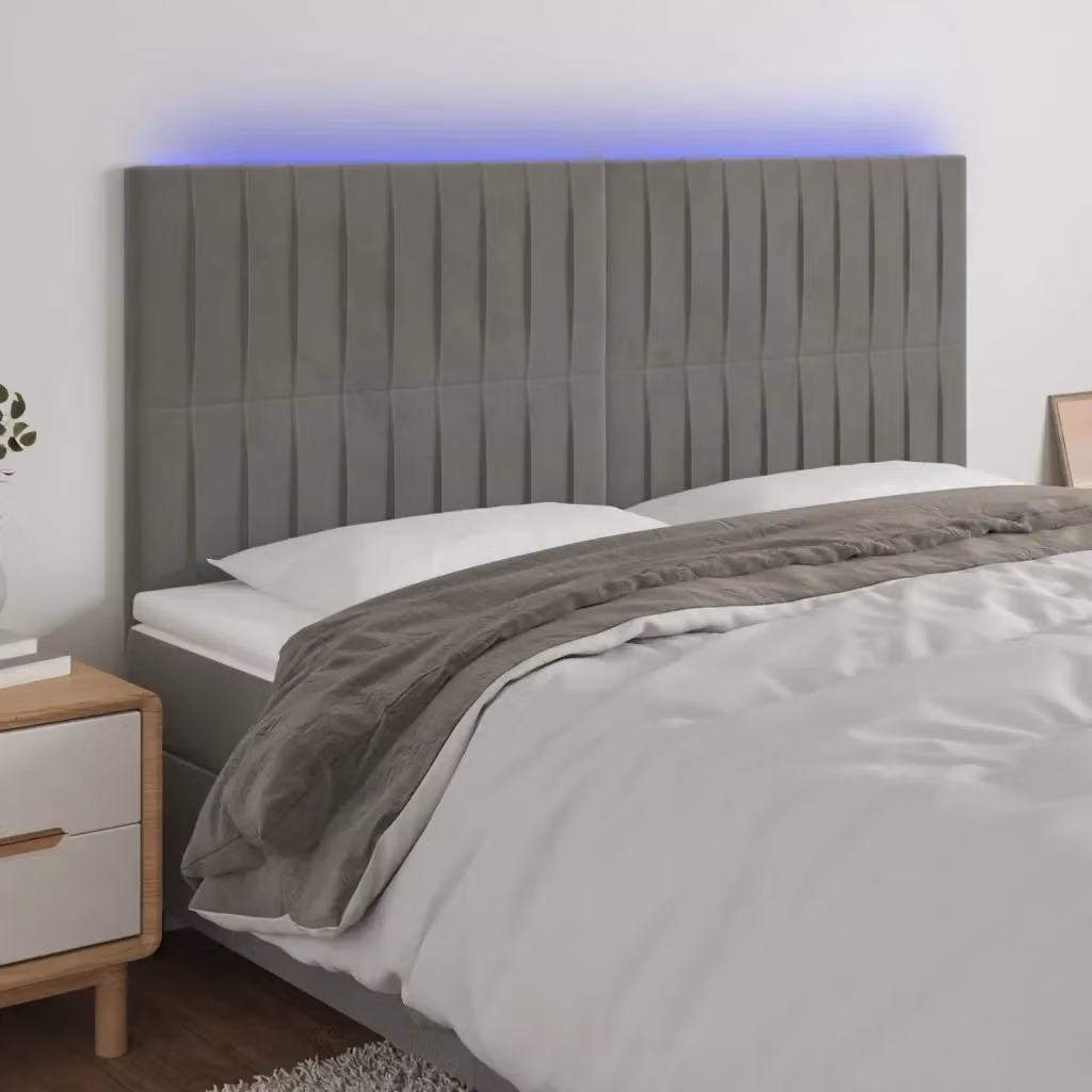 Testata del letto con illuminazione LED e porta di ricarica USB in velluto grigio, L: 160 cm, P: 5 cm, H: 118/128 cm – 2