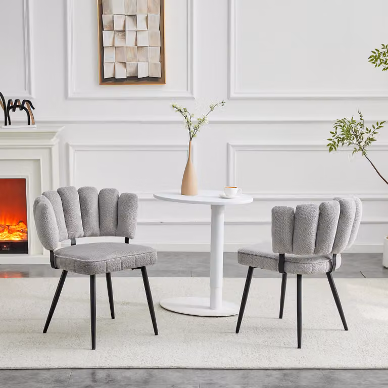 2 sedie da pranzo in stile minimalista europeo, con schienale a forma di fiore e rivestimento in velluto. Velluto strutturato color grigio chiaro e gambe in metallo nero, alte 80 cm, ideali per il soggiorno o la sala da pranzo. Colori: nero, grigio