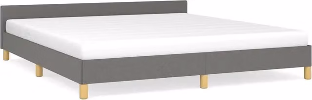 Letto matrimoniale moderno in tessuto grigio con struttura in legno e doghe, L/P: 180 x 200 cm