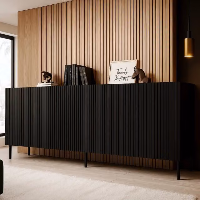 Credenza Corana, Madia da salotto con quattro ante battenti, Rialzato da terra, 200x42 h82 cm, Nero