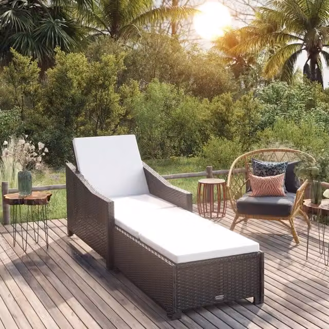 Lettino Prendisole con Cuscino Bianco Crema in Polyrattan Nero 317179