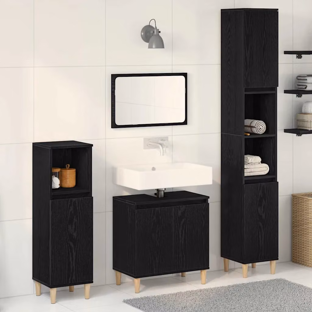 Set di mobili da bagno moderno vidaXL in 3 pezzi nero opaco con mobile lavabo, mobile laterale e colonna alta L/P/H: 80 x 45 x 180 cm