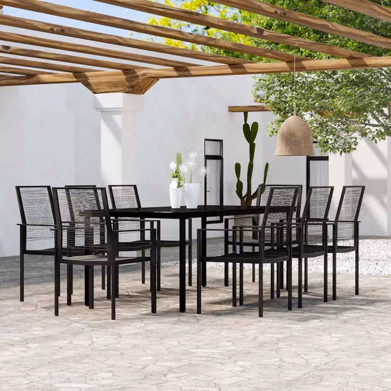 Set Mobili da Pranzo da Giardino vidaXL 9 pz in Acciaio Nero con Cuscini e Tavolo in Vetro