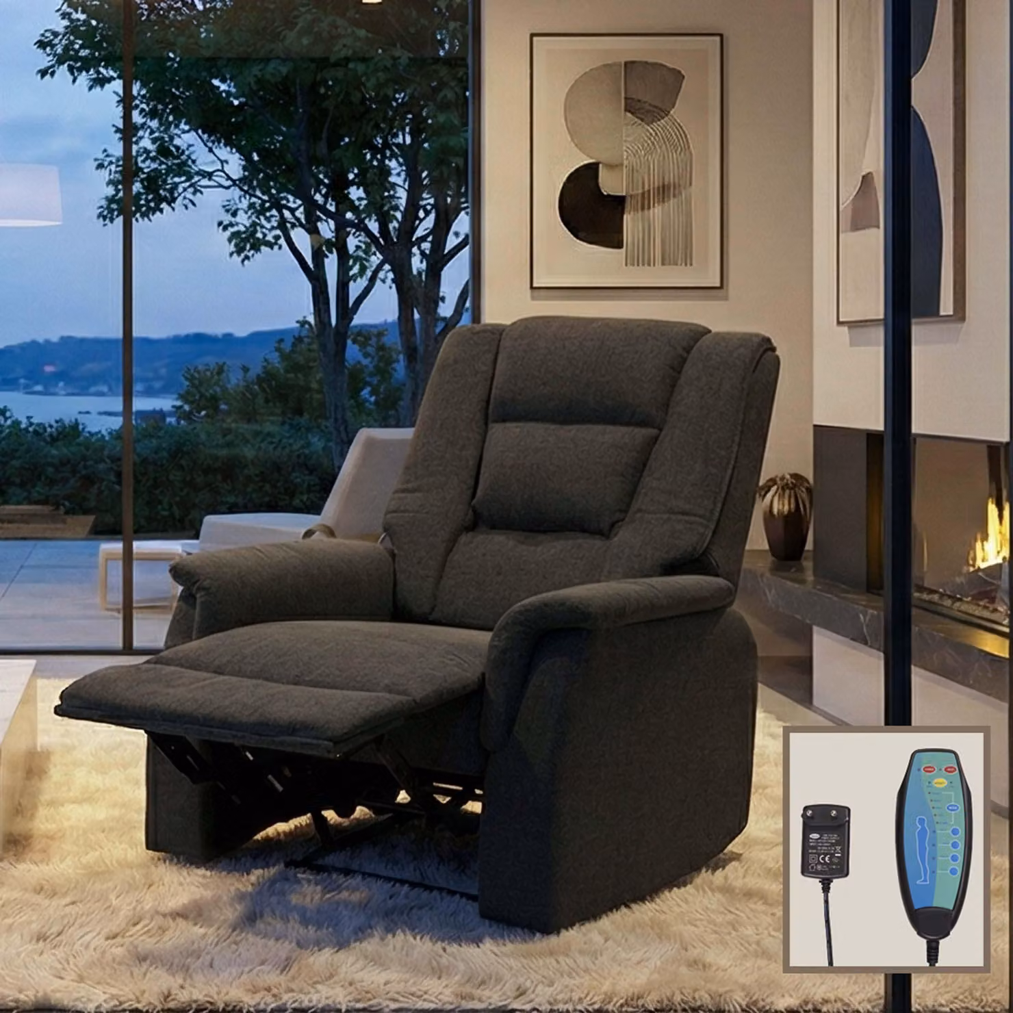 Poltrona TV MCW-F23, poltrona reclinabile, tessuto/tessuto 102x79x96cm ~ grigio incl. funzione massaggio e calore