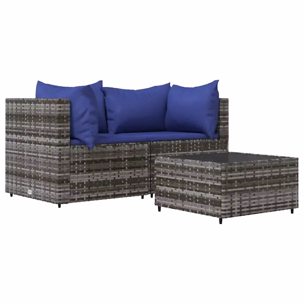 Set da giardino moderno vidaXL composto da 3 pezzi con divano angolare, tavolino da esterno e cuscini in polyrattan e metallo, colore grigio e blu – 2