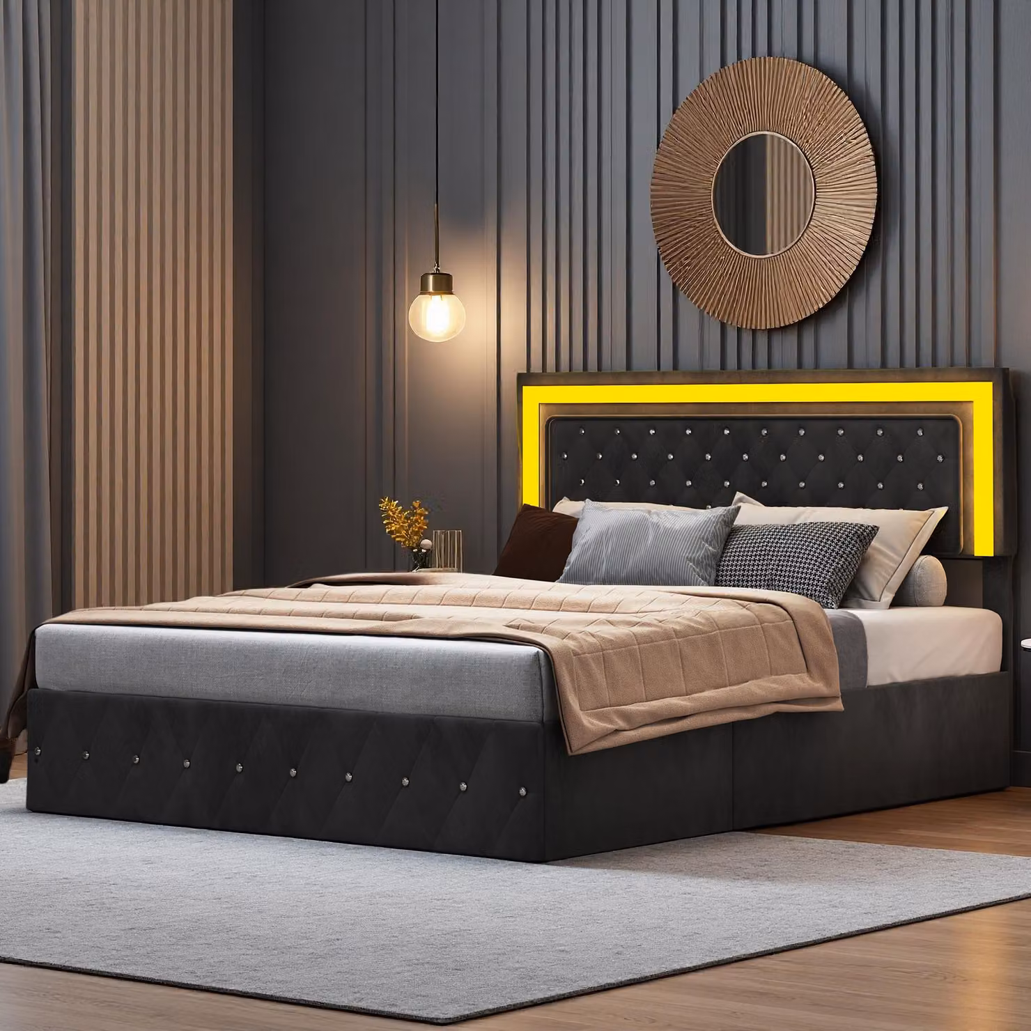 UnboxG Letto imbottito 160x200 cm, struttura letto matrimoniale, struttura letto idraulica con contenitore, letto 160x200 con illuminazione LED e stazione di ricarica, velluto, nero