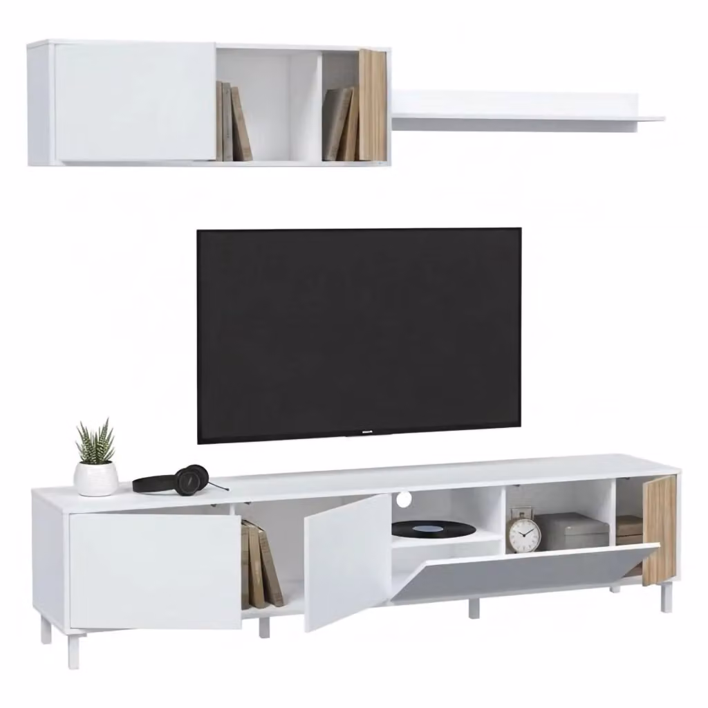 Mobile porta TV Banari DMORA, armadietto soggiorno moderno con ante e mensola, L 200 cm x P 40 cm x H 47 cm, Bianco e Rovere – 2