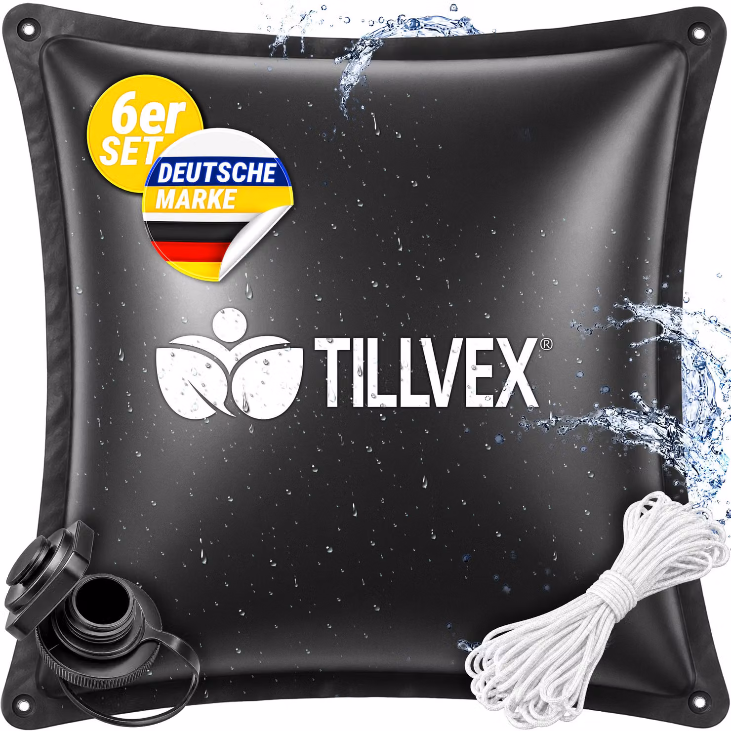 tillvex® Cuscini per piscina invernali, confezione da 6, dimensioni XXL (120x120 cm), con 12 metri di corda e kit di riparazione | Cuscini ad aria per la copertura invernale della piscina, resistenti al gelo e al cloro, fino a -20°C | Cuscini invernali in