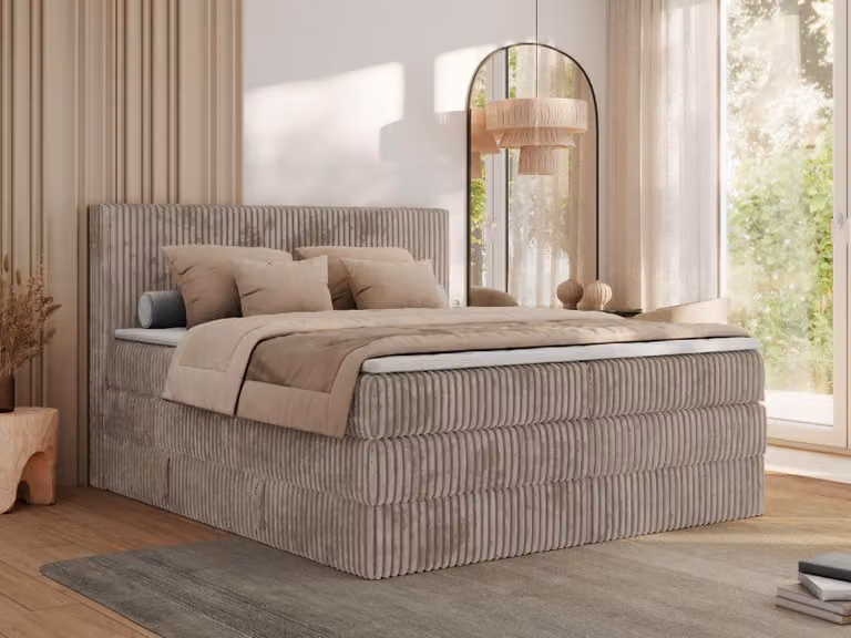 Letto continentale TILIANO KING materasso a due strati 180x200 Hard (H4), Topper Comfort foam, Marrone chiaro - tessuto a coste