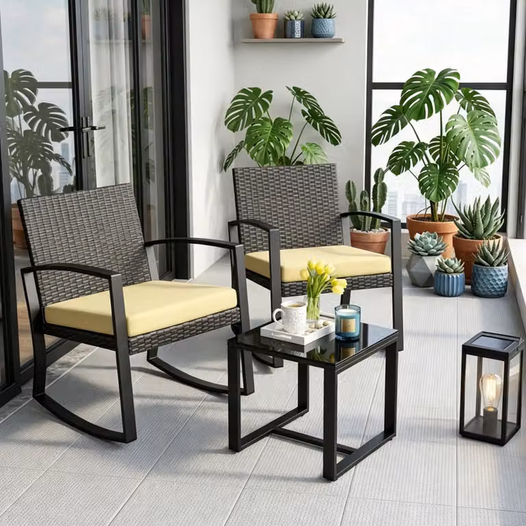 Set di sedute in poly rattan Bealife 3 pezzi, set di mobili da giardino 2 persone, set di mobili da giardino, set di mobili da balcone con cuscini giallo (1 tavolo + 2 sedie)