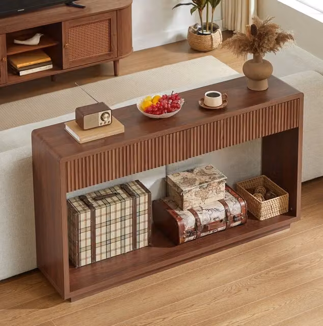 Consolle Moderna in Noce con 2 Cassetti Capienti e Ripiano Aperto, 150x35x85 cm, Ideale per Ingresso e Soggiorno