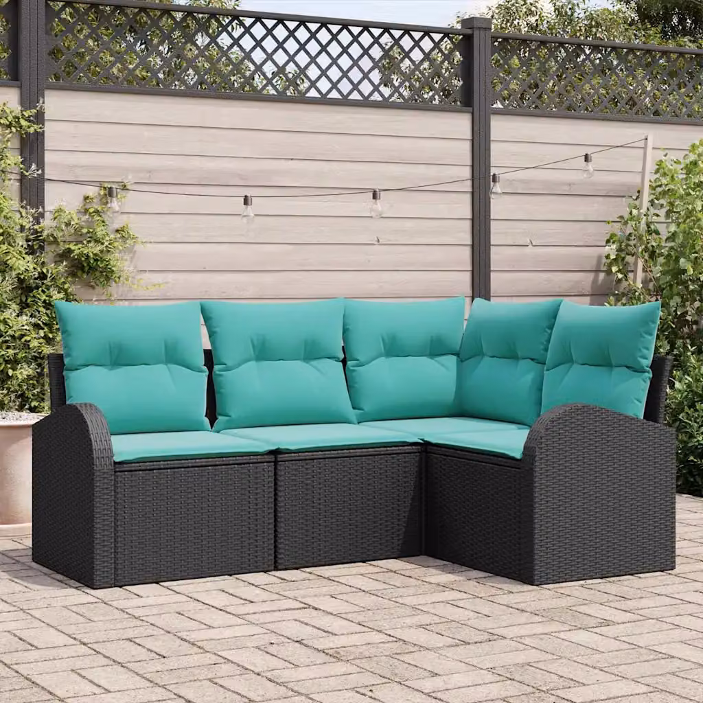 Set Divano da Giardino vidaXL 4 pz a Forma a L con Cuscini, Colore Nero e Turchese, Struttura in Metallo e Polyrattan
