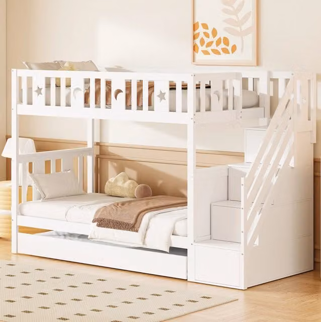 Letto a castello per bambini 90x200 cm con letto estraibile; MDF; pino e compensato; bianco
