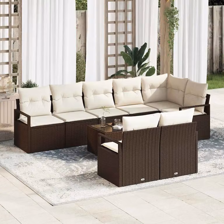 Set di divani da giardino vidaXL in polyrattan marrone con cuscini beige a forma di U