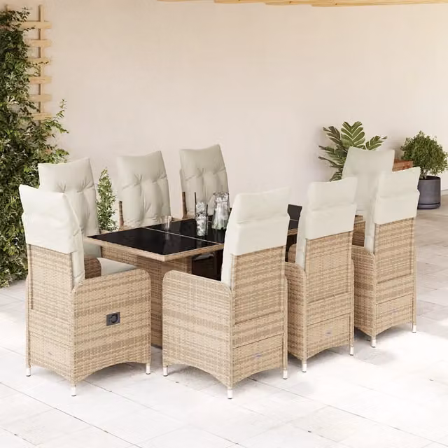 Set da Bistrò da Giardino vidaXL in Polyrattan con Cuscini Beige e Bianco, 9 Pezzi