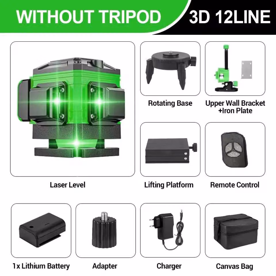 Livella laser - 4D - 12 linee - Linee laser verdi - Autolivellante - 360° orizzontale e verticale - Batteria inclusa
