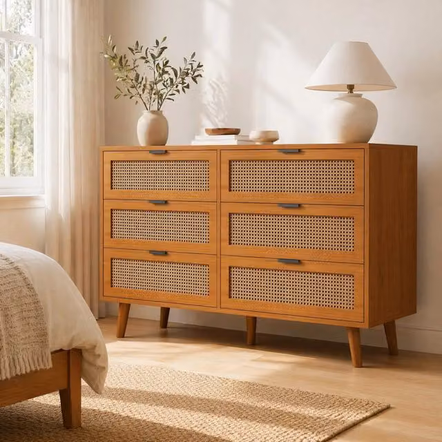 קומודino a 6 cassetti in stile retrò con effetto rattan, 120 x 40 x 76,5 cm, noce