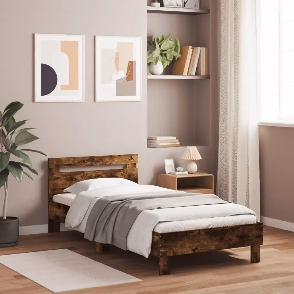 Letto singolo per adulti con testiera in legno multistrato Rovere Fumo, design moderno, L: 100 cm x P: 200 cm – 2