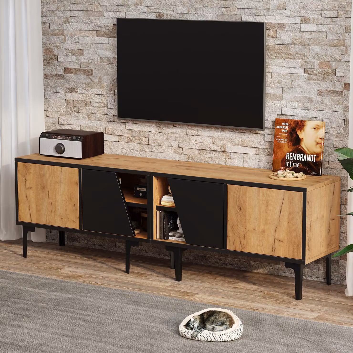 Mobile TV basso PD1 con 4 scomparti per media, design minimalista, Colore marrone e nero, L: 160 cm, P: 36,5 cm, H: 45 cm – 2