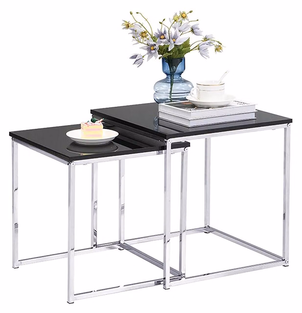 Set di tavolini da divano, 2 pezzi, quadrati, struttura in metallo, piano in legno, colore nero