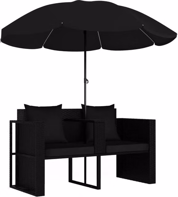 Lettino da Giardino con Ombrellone in Polyrattan Nero 47398