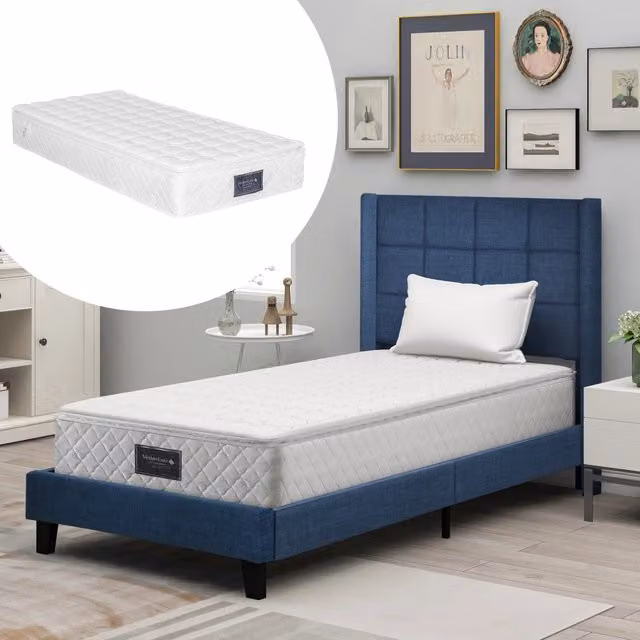 Letto singolo imbottito 90 × 200 cm con testiera alta e materasso a molle insacchettate incluso, lino blu