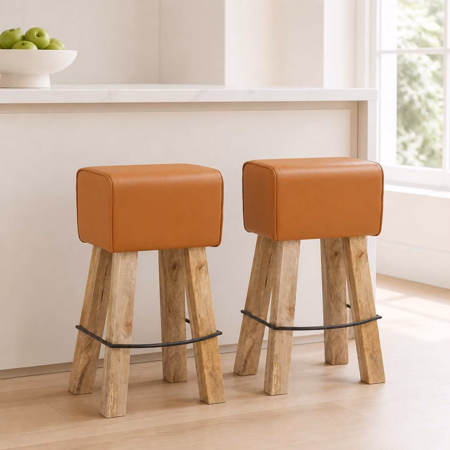 Set di 2 sgabelli da bar vidaXL in pelle marrone con struttura in legno di mango L/P/H: 44 x 33 x 74 cm
