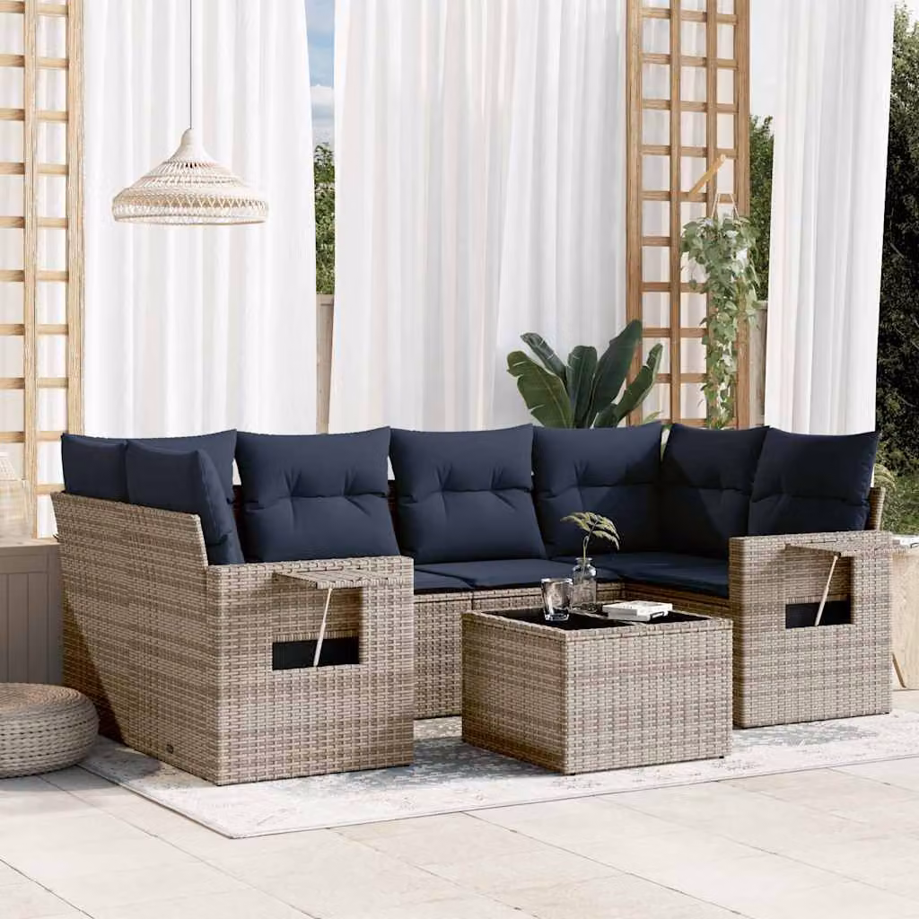 Set da giardino vidaXL composto da 7 pezzi in polyrattan grigio con cuscini e tavolino da esterno