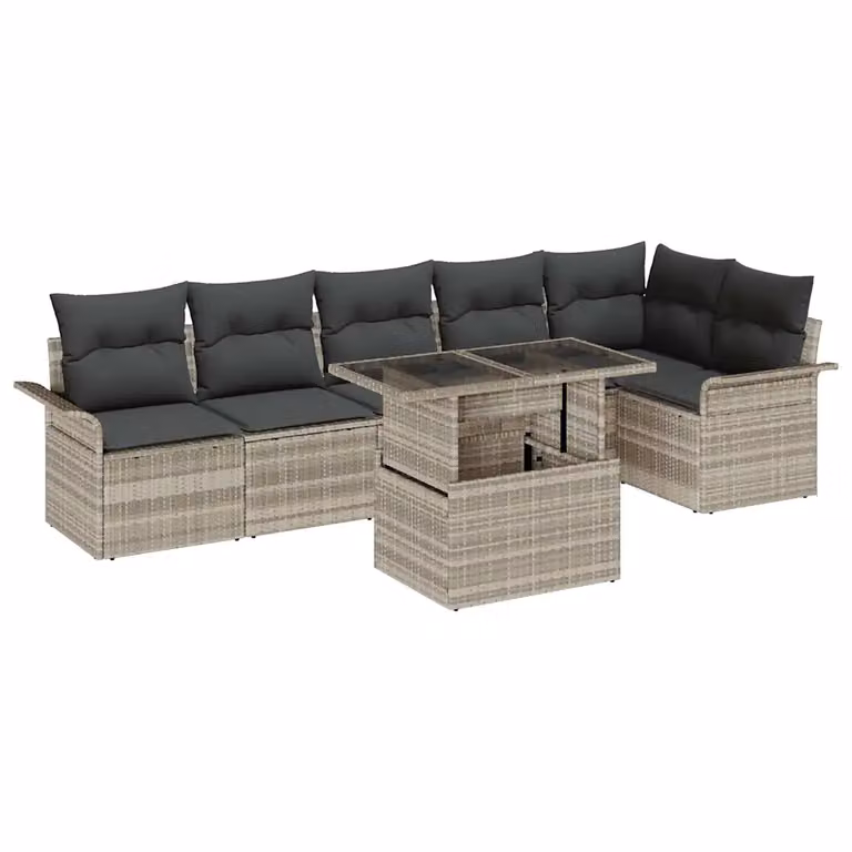 Set Divano da Giardino vidaXL 7 Pezzi a Forma di L in Rattan Grigio con Tavolino e Pouf