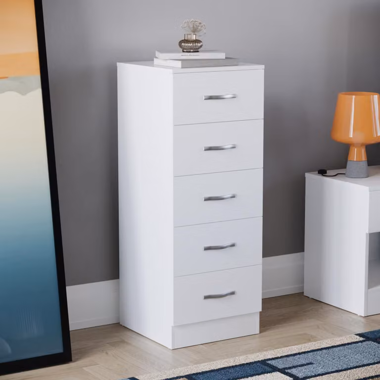 Comodino stretto con 5 cassetti, ideale per la camera da letto, color bianco