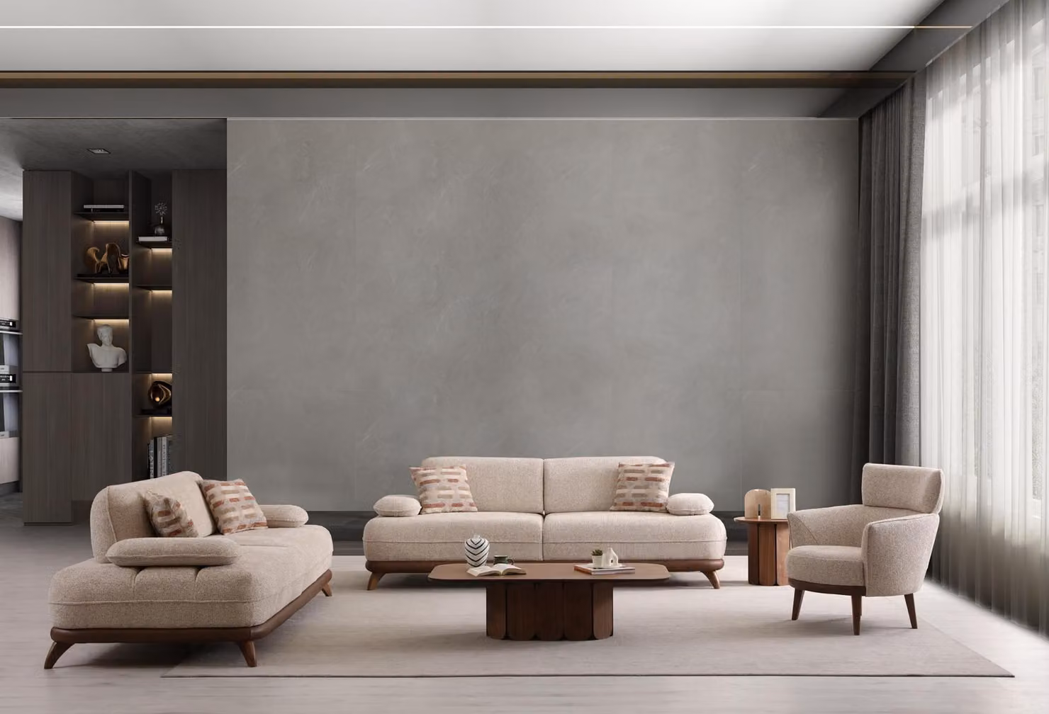 Set divani: 2 divani a 3 posti e 1 poltrona, stile moderno, colore beige, design elegante, nuovo