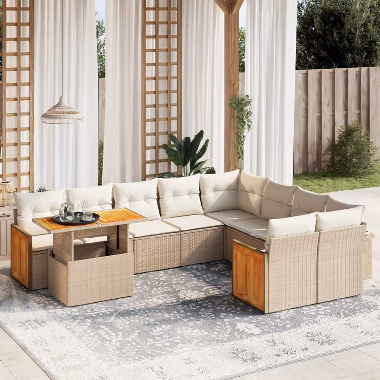 vidaXL Set Divano da Giardino 10 pz a forma di U in Polyrattan con Cuscini Beige e Tavolino da Esterno