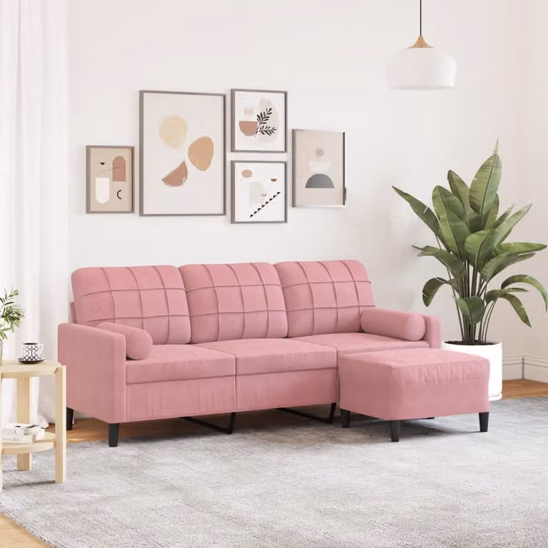 vidaXL Divano a 3 Posti in Velluto Rosa con Poggiapiedi Coordinato e Struttura in Metallo e Legno