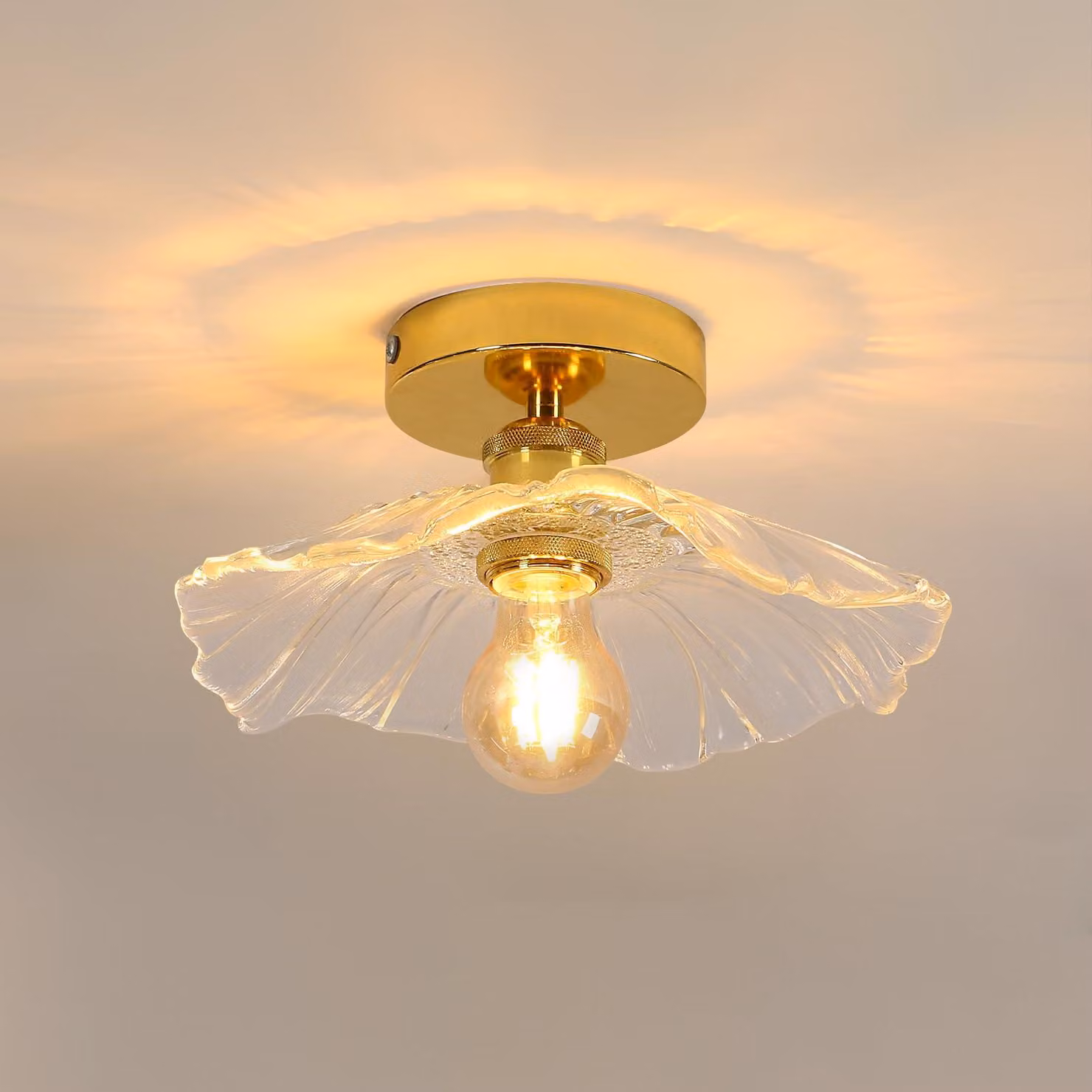 Lampada a soffitto decorativa, ideale per corridoi, con attacco E27, in vetro dorato a forma di fiore. Piccola lampada a soffitto in vetro trasparente, diametro 28 cm, senza lampadina