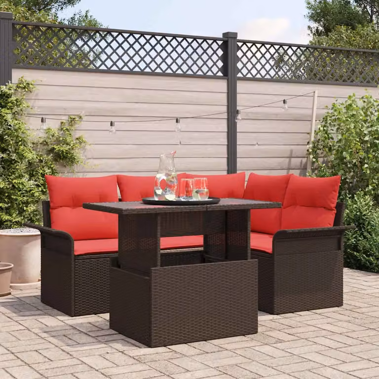Set Divano da Giardino L-Shape vidaXL 5 Pezzi Marrone con Cuscini e Tavolino da Esterno in Polyrattan e Acciaio Verniciato a Polvere