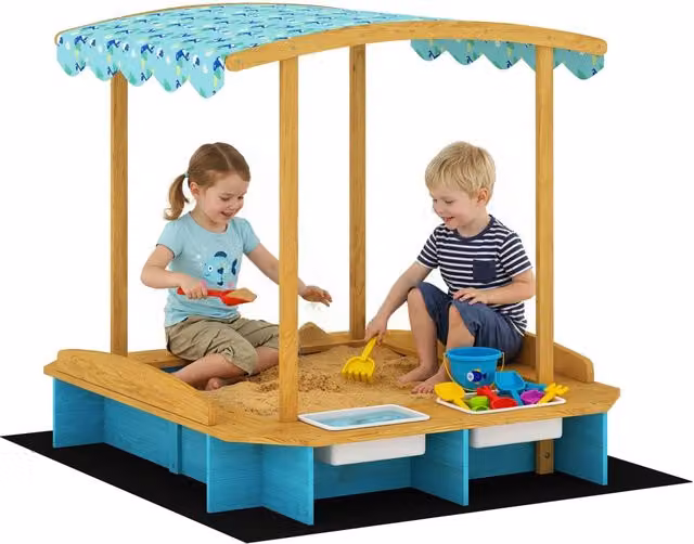 Arenero per bambini zephmum in legno con tetto, 3 panchine e 2 contenitori in PP, Blu, L: 128 cm, P: 118 cm, H: 121 cm