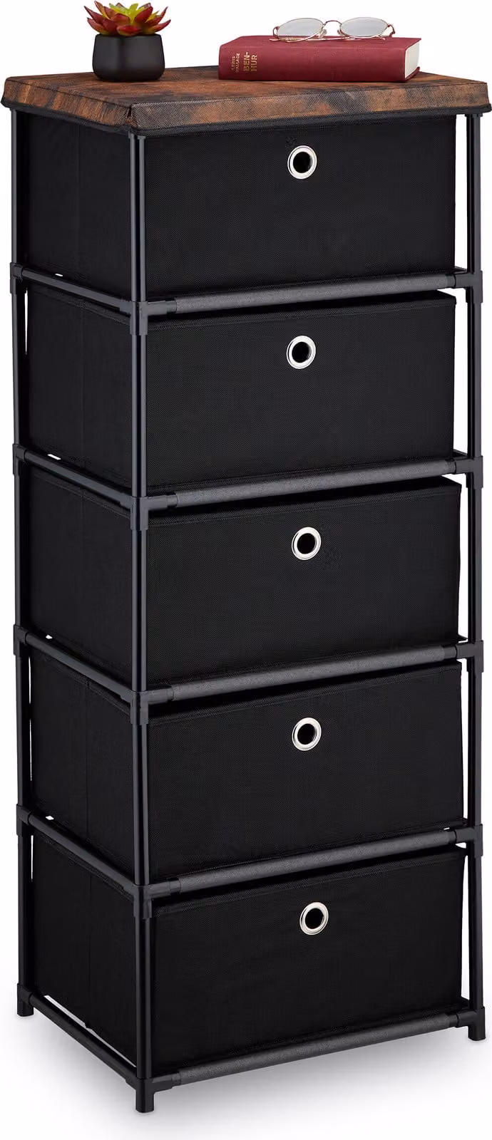 Comodino Relaxdays, 5 cassetti in tessuto, metallo, effetto legno, 105x43x33 cm, soggiorno, ingresso, comodino, nero/marrone